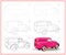 Page shows how to learn to draw step by step cute retro automobile. Developing children skills for drawing and coloring. Printable