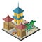 Pagoda, architectural arch, roadway, benches, trees, cars and people. Isometric east asia cityscape