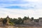 Pagoda on the bank of the Irrawaddy river, Mandalay, Myanmar, Burma. Tour from Mandalay to Bagan. Copy space for text.