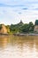 Pagoda on the bank of the Irrawaddy river, Mandalay, Myanmar, Burma. Tour from Mandalay to Bagan. Copy space for text. Vertical.