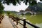 Pagoda bridge across the lake in the park. Seven Stars Cave Scenic Park in Zhaoqing City