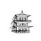 Pagoda japanese temple. Vintage hatching black illustration