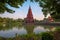 Pagoda middle water Huay Kaew temple Landmark pagoda in Lopburi, Thailand