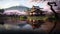 Pagoda, Mount Fuji and sakura in Japan, Japanese nature in spring, illustration, generative AI