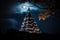 a pagoda at night with a full moon in the background