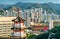 Pagoda at Po Fook Hill Columbarium and Sha Tin skyline in Hong Kong