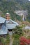 Pagoda of Seiganto-ji Temple with Nachi no Taki waterfall in background at Nachi Katsuura, Wakayama, Japan