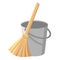 Pail with handle and besom with stick. Bucket and broom. Housework tools for cleaning garbage. Cleaning service elements