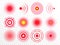 Pain circles. Red painful target spot, targeting medication remedy circle and joint pain spots isolated vector set