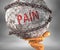 Pain and hardship in life - pictured by word Pain as a heavy weight on shoulders to symbolize Pain as a burden, 3d illustration