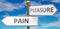 Pain and pleasure as different choices in life - pictured as words Pain, pleasure on road signs pointing at opposite ways to show