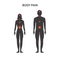 Pain points on male and female body. Silhouette of man and woman with red points of ache in body. Vector