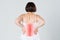 Pain in the spine, a woman with backache, injury in the human back, chiropractic treatments concept