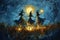 Paint art of witches dancing by the bonfire. AI generative. Fantasy