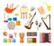 Paint arts tool kit, design artists supplies and classical musical instruments
