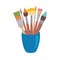 Paint brushes with colored paint in cup. Cartoon style design element for artist workplaceeinterior, school class, desk top