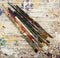 Paint brushes on dried paint background