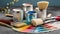 Paint cans, color palette samples and brushes on table