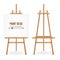 Paint Desk Vector. Wooden Easel Template With White Paper. Isolated On White Background. Realistic Painter Desk Set. Blank Space F