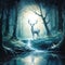 Paint a dreamy landscape of a moonlit forest, where a mystical white stag emerges from the mist by AI generated