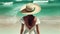Paint unrecognizable Young woman in swimsuit beach hat looking into distance. rear view