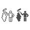 Paint and worker man line and solid icon. Painter with roller painting wall symbol, outline style pictogram on white