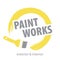 Paint Works Logo. Brush stroke yellow paint and gray text. Exterior  and interior. Concept for home decoration, building .