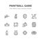 Paintball game vector flat line icons. Outdoor sport equipment, paint ball marker, uniform, mask, chest protection