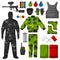 Paintball icons set. Paintball equipment collection.
