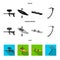 Paintball marker, kayak with a paddle, snowboard and climbing ice ax.Extreme sport set collection icons in black, flat