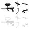 Paintball marker, kayak with a paddle, snowboard and climbing ice ax.Extreme sport set collection icons in black,outline