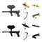 Paintball marker, kayak with a paddle, snowboard and climbing ice ax.Extreme sport set collection icons in cartoon,black