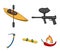 Paintball marker, kayak with a paddle, snowboard and climbing ice ax.Extreme sport set collection icons in cartoon style