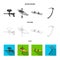 Paintball marker, kayak with a paddle, snowboard and climbing ice ax.Extreme sport set collection icons in flat,outline