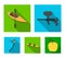 Paintball marker, kayak with a paddle, snowboard and climbing ice ax. Extreme sport set collection icons in flat style