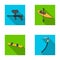 Paintball marker, kayak with a paddle, snowboard and climbing ice ax.Extreme sport set collection icons in flat style