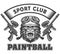 Paintball recreation club emblem. Paintball club logo template. Design for t-shirt. Gorilla in full gear with tinting mask and pai