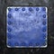 Painted blue metal with rivets in the shape of a square in the center on black metal background. 3d