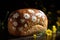 Painted bread close up decorated with flowers. Freshly baked handmade sourdough bread