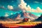 Painted bright landscape with a house clouds and mountain, digital illustration painting