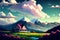 Painted bright landscape with a house clouds and mountain, digital illustration painting artwork