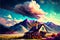 Painted bright landscape with a house clouds and mountain, poetic scenery background