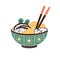 Painted ceramic bowl of Japanese noodle soup served with chopsticks. Ramen dish with meat, mushrooms and greenery