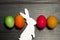 Painted chicken eggs for the traditional Christian holiday Easter on a wooden background painted black