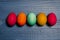 Painted chicken eggs for the traditional Christian holiday Easter on a wooden background painted blue.