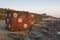 Painted Concrete squares on Bamburgh Beach. Northumberland.