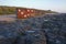 Painted Concrete squares on Bamburgh Beach. Northumberland.