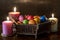 Painted Easter eggs and candles, multicolored, vintage