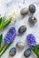Painted Easter eggs and colorful hyacinths.