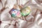 Painted easter fresh chicken eggs on a linen towel. Rustic style